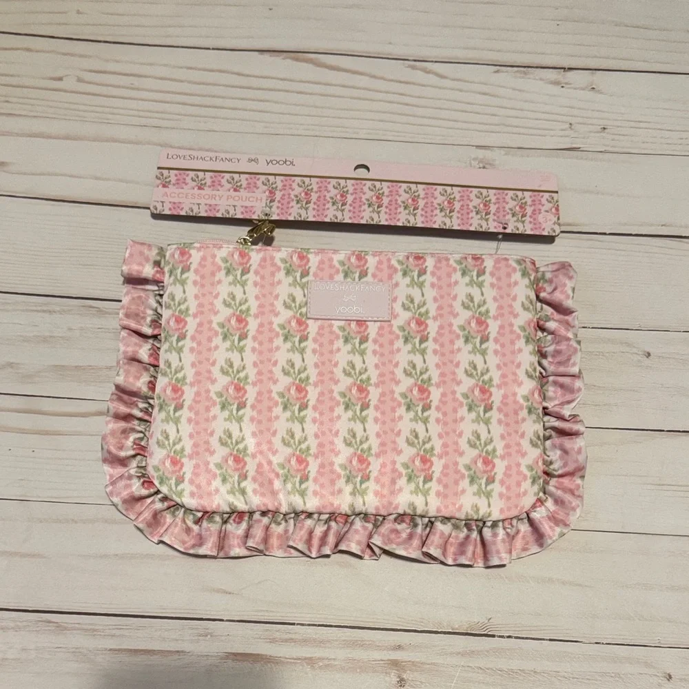 Love shack fancy x Yoobi Pink Floral Ruffle Makeup Pouch